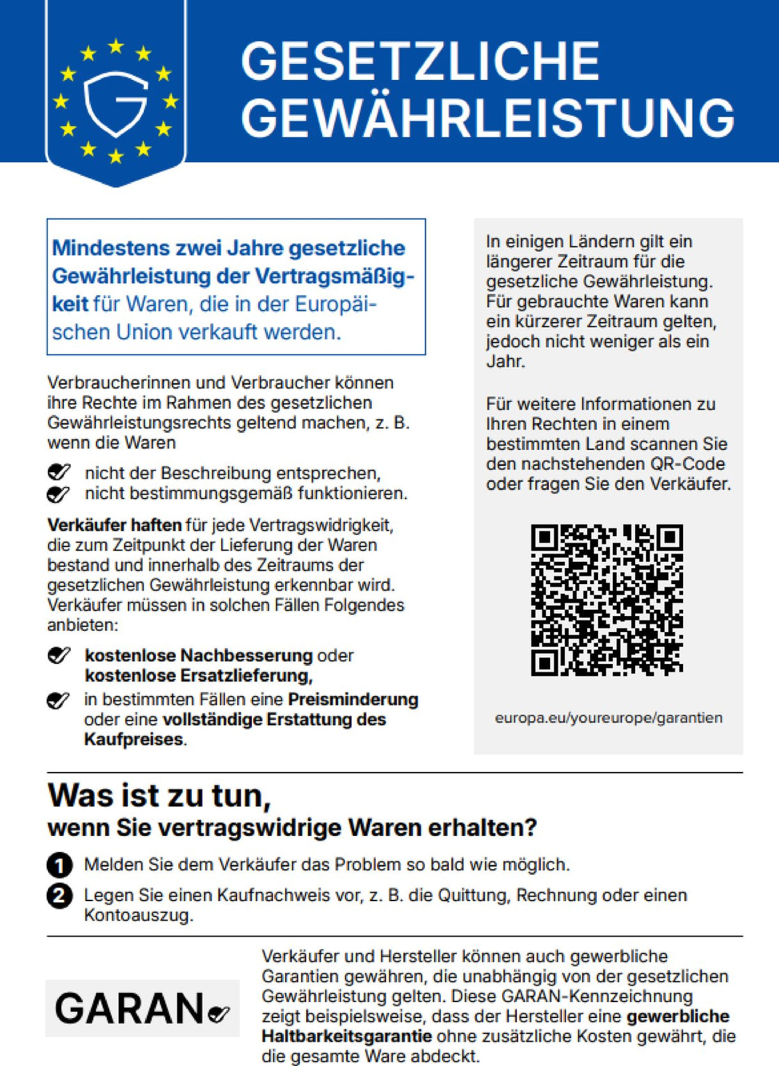 Gesetzliche Gewährleistung – Verbraucherinformation nach EU-Verordnung 2025/1960
